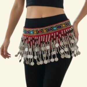Belly Dance Red Hip Scarf Colorful Gems Silver Coins and Bead Chiffon Wrap Skirt
